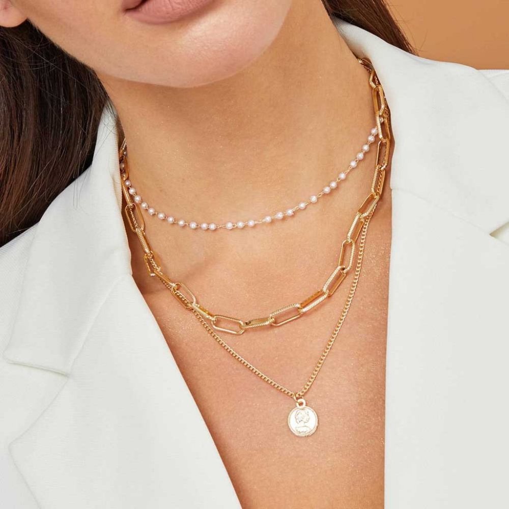 NEW Gold Triple Layer Coin Chain Pearl Necklace - Picture 7 of 9